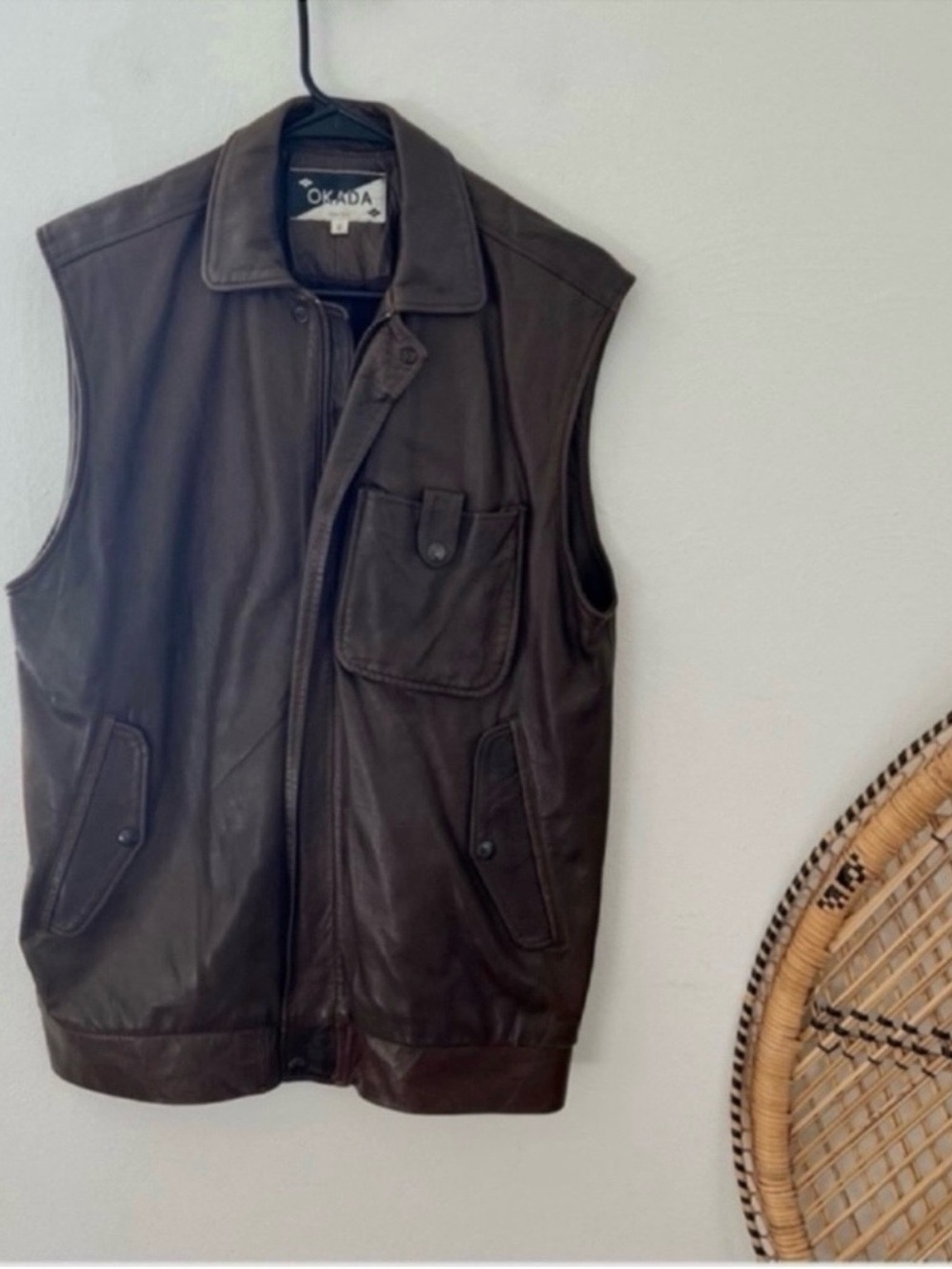 Vintage okada dark brown leather long full zip vest